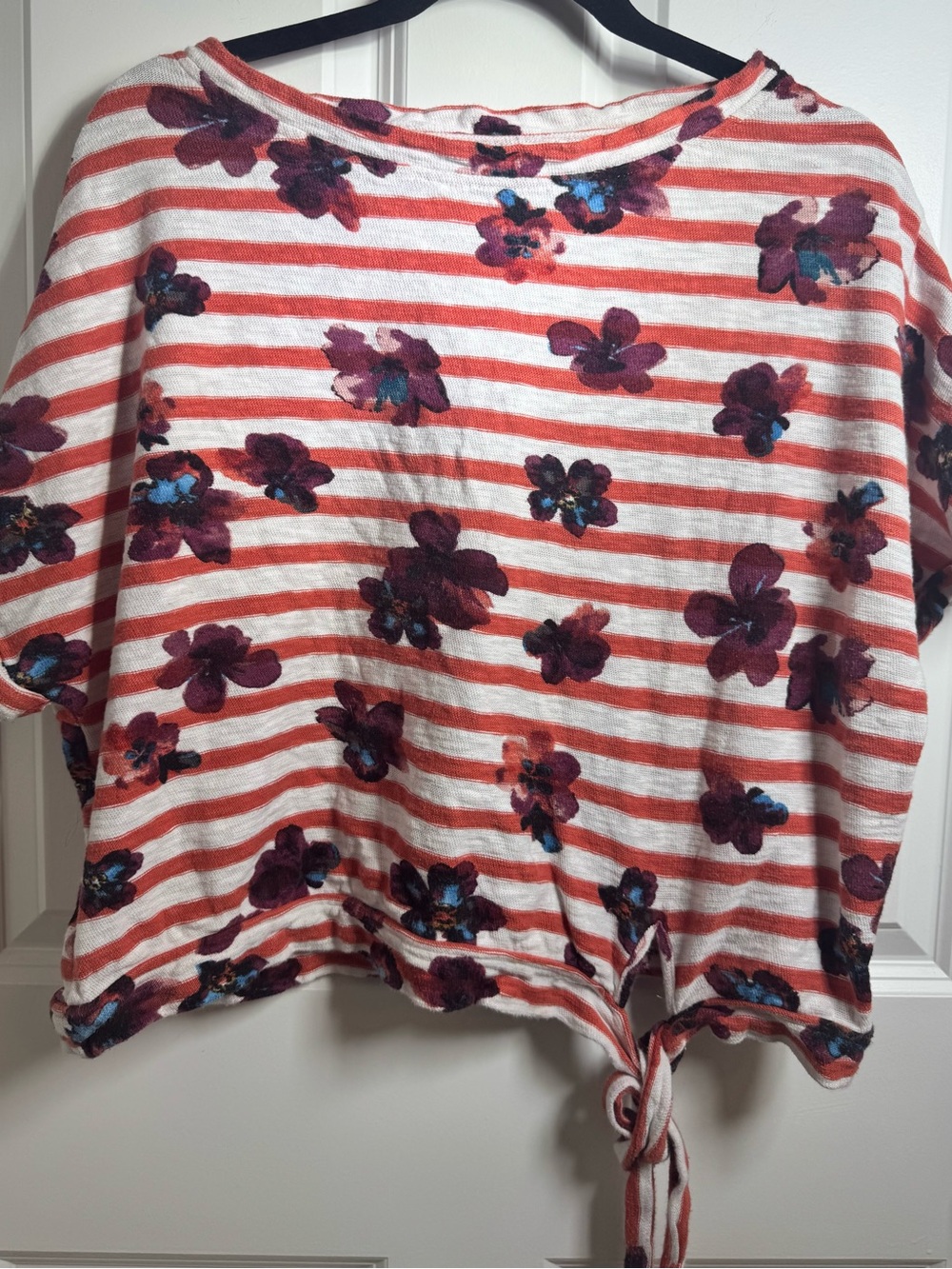 Floral Stripe Tie Front Top Large 100% Cotton Short Sleeve Cottagecore
